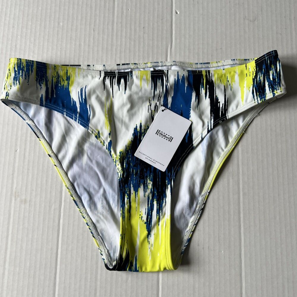 WOLFORD Ladies Yellow Citron Mix Abstract Stretchy Bikini Bottoms Sz M NWT